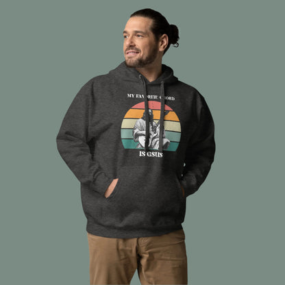 Man wearing a “My Favorite Chord Is GSUS” hoodie made from 65% cotton and 35% polyester fleece fabric. This unisex pullover features a witty music and Jesus pun ideal for Christian music lovers and worship leaders. Designed for warmth and comfort, it comes in extended sizes S through 3XL for all body types.

