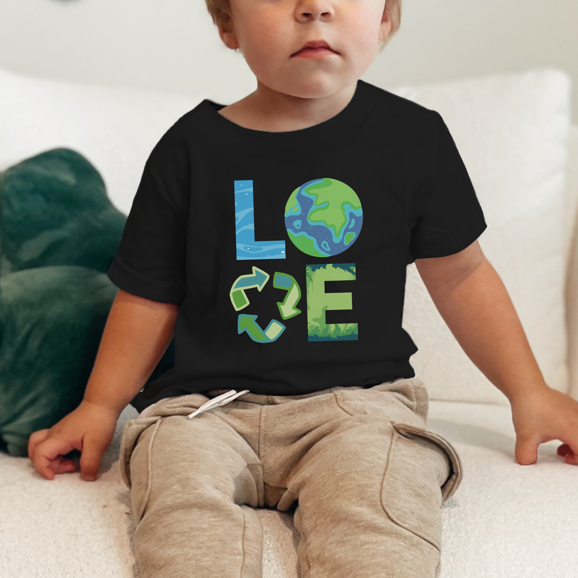 Infant Earth Day graphic tee with planet Earth, recycling arrows, ocean wave letter and nature themed LOVE design