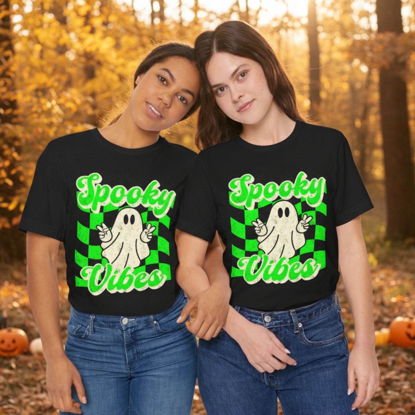 Black Halloween shirt with neon green checkerboard print, adorable ghost throwing peace signs, and retro Spooky Vibes lettering on a Bella Canvas 3001 tee. Soft breathable unisex fit in S to 3XL with matching kids sizes for family photo outfits. Popular choice for spooky season clothing, trick or treat chaperones, boo bash parties, fall vacations, classroom events, ghost fans, cute casual October looks, and Halloween gift ideas for friends.