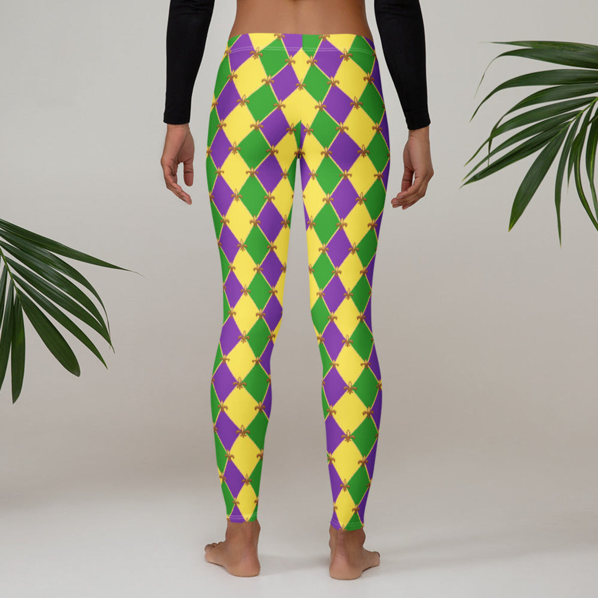 image: harlequin diamond or checkerboard pattern leggings in purple, green and gold, with a repeating Fleur de Lis pattern, by jaecrece
Mardi Gras Leggings, Fat Tuesday Tights, Women Parade Outfit, Yoga Workout Pants, Mommy Me Match, New Orleans NOLA Costume