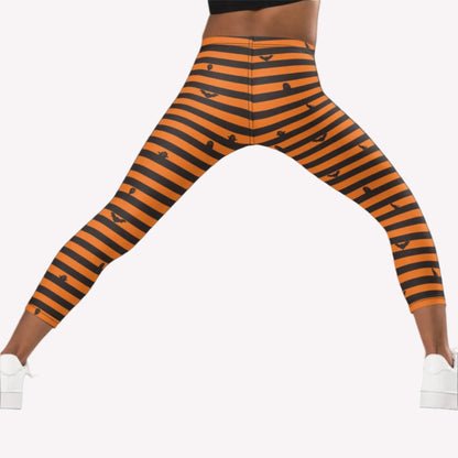 Kids Halloween outfit featuring soft stretchy toddler leggings with spooky bats, friendly ghosts, and Halloween cat designs