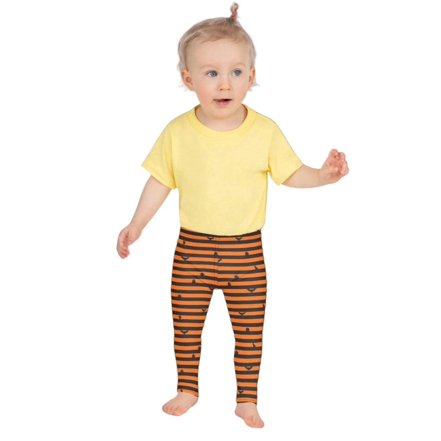 Orange and Black Stripe Halloween Toddler Leggings, with cute bats, ghosts and black cats. Girls Toddler Tights for Trick or Treating. Halloween school pants outfit, by jaecrece