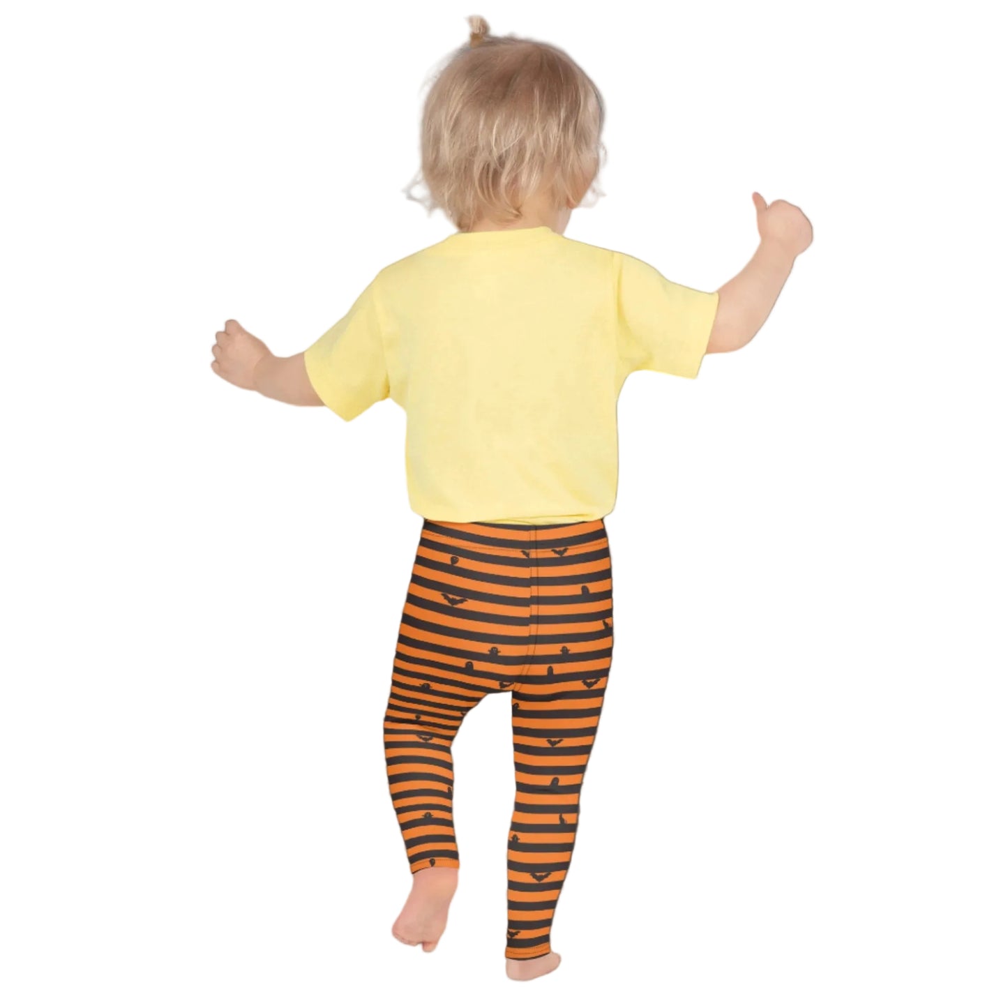 Orange and Black Stripe Halloween Toddler Leggings, with cute bats, ghosts and black cats. Girls Toddler Tights for Trick or Treating. Halloween school pants outfit, by jaecrece