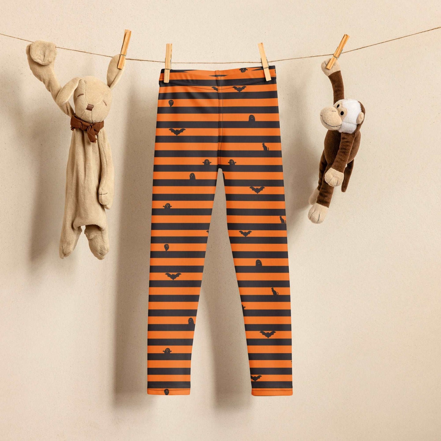Orange and Black Stripe Halloween Toddler Leggings, with cute bats, ghosts and black cats. Girls Toddler Tights for Trick or Treating. Halloween school pants outfit, by jaecrece