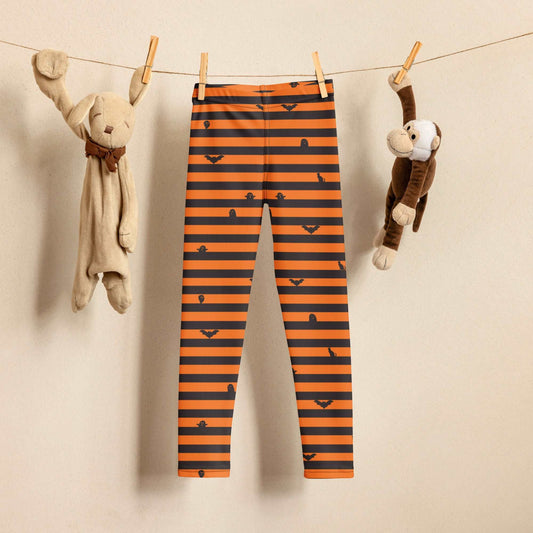 Orange and Black Stripe Halloween Toddler Leggings, with cute bats, ghosts and black cats. Girls Toddler Tights for Trick or Treating. Halloween school pants outfit, by jaecrece
