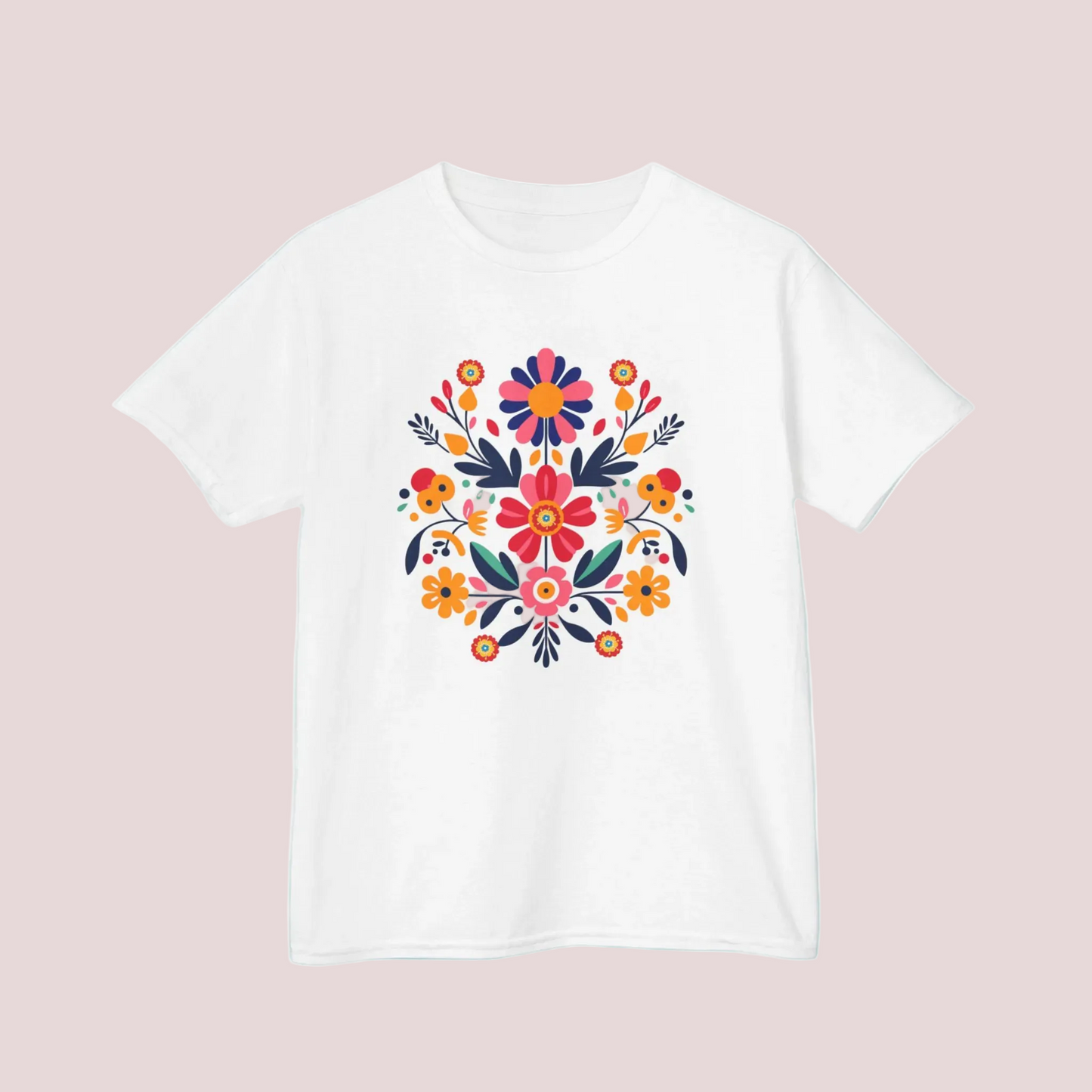 Celebrate color and culture with this Otomi floral girls’ tee in sizes XS to XL. Inspired by Mexican folk art, the bold botanical print adds fun and flair to any outfit. This comfy midweight cotton T-shirt is great for girls’ everyday wear, school looks, family events, or fiesta celebrations. A perfect choice for boho kids fashion, Latinx pride outfits, and traditional Mexican style tops for tweens and children.