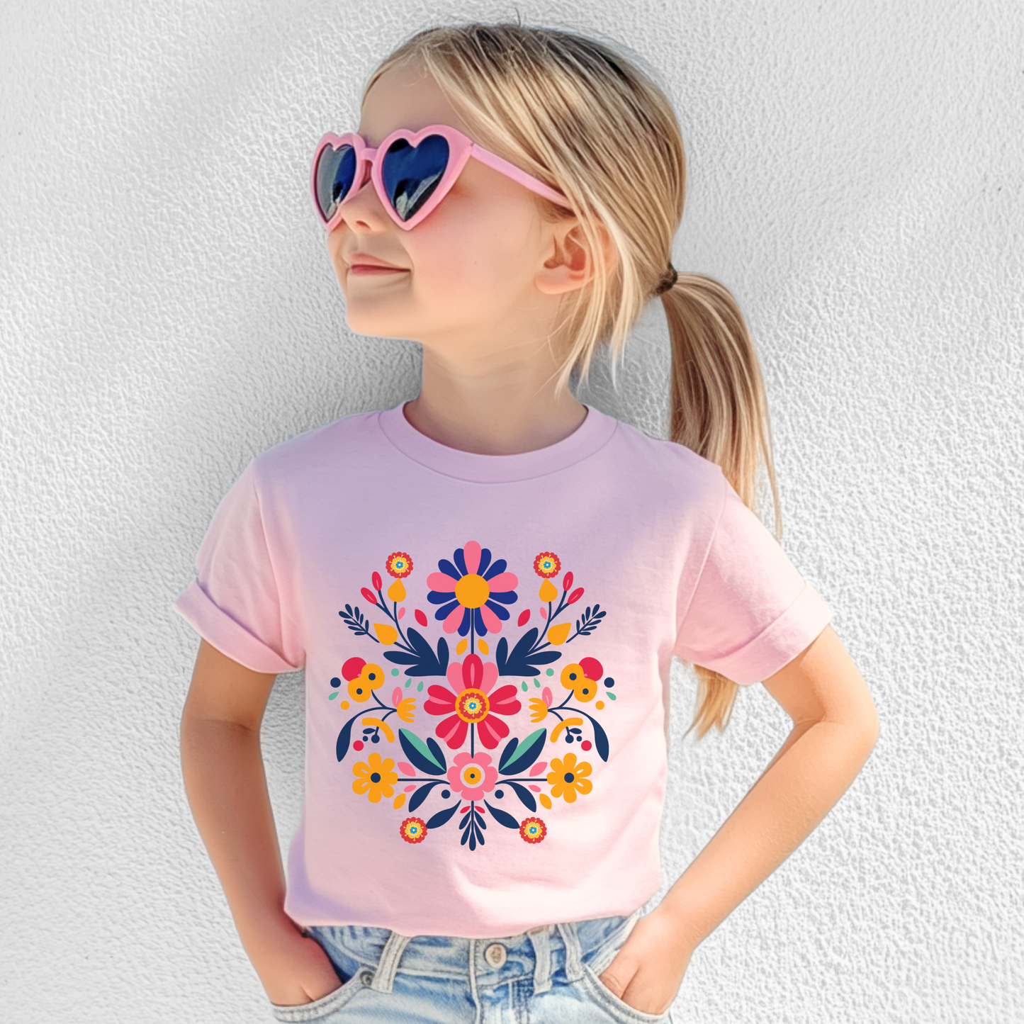 This Otomi Folk Art Girls’ T-shirt features bright florals inspired by Mexican embroidery, printed on soft 100% US cotton. Available in sizes XS–XL, this youth cotton tee offers a classic fit and timeless crew neckline. Great for school, summer playdates, and festive occasions. A perfect gift for girls who love colorful tops, traditional patterns, or cultural kids fashion with a playful folk art aesthetic.