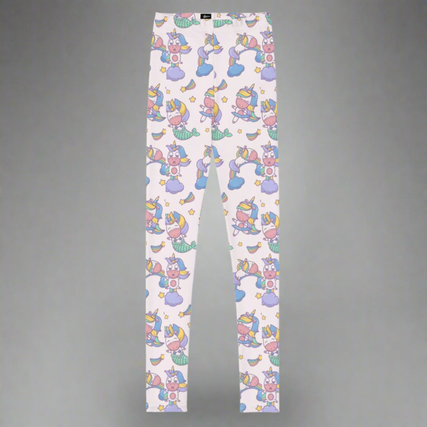 Image: Unicorn Mermaid Kawaii Girls Leggings. These pastel pink yoga pants feature a cute pattern graphic of Unicorn mermaids, stars and rainbows. The perfect birthday present, Christmas gift, school outfit for toddlers, tweens and teens, by jaecrece