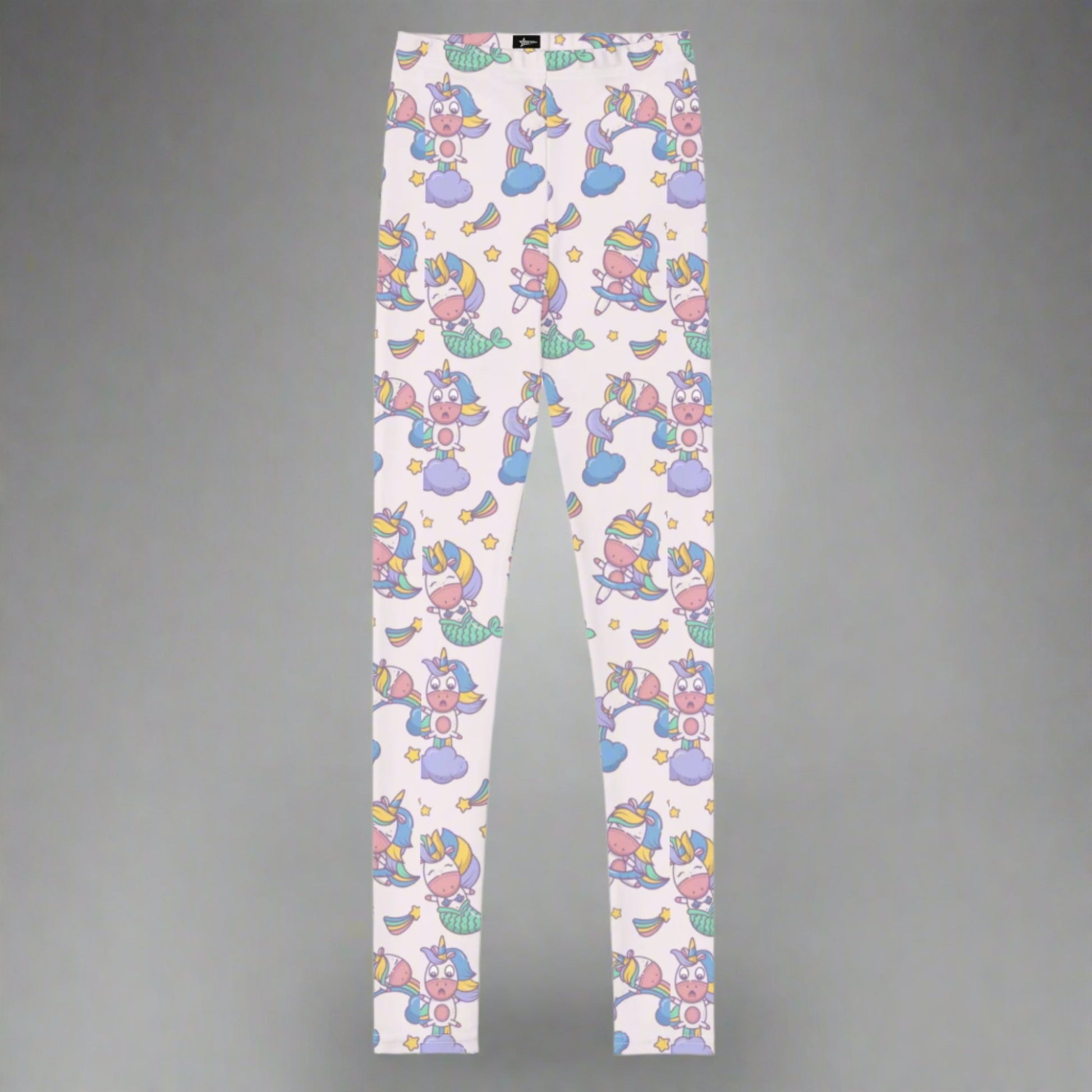 Image: Unicorn Mermaid Kawaii Girls Leggings. These pastel pink yoga pants feature a cute pattern graphic of Unicorn mermaids, stars and rainbows. The perfect birthday present, Christmas gift, school outfit for toddlers, tweens and teens, by jaecrece