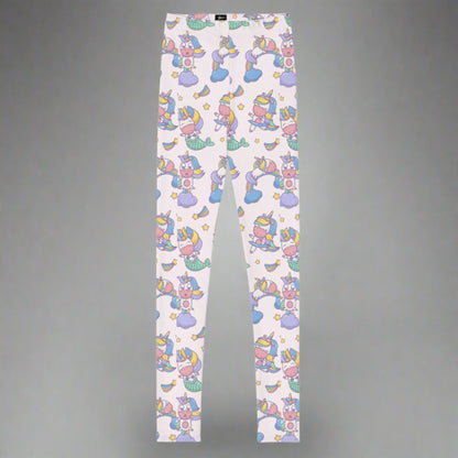 Image: Unicorn Mermaid Kawaii Girls Leggings. These pastel pink yoga pants feature a cute pattern graphic of Unicorn mermaids, stars and rainbows. The perfect birthday present, Christmas gift, school outfit for toddlers, tweens and teens, by jaecrece