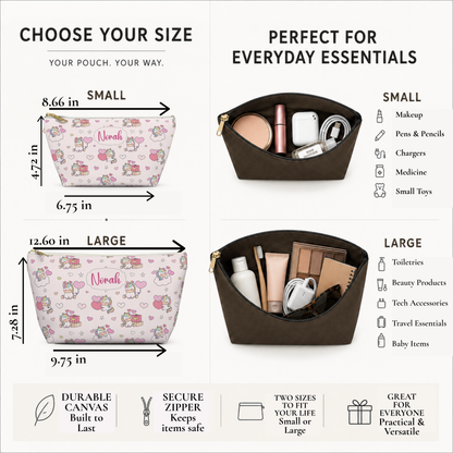 Personalized unicorn zipper pouch size chart showing small and large pouch dimensions, with measurements for length, height and width to help shoppers choose the right size for makeup, toiletries, school supplies and everyday essentials. Custom cutecore makeup bag size chart showing the small pouch at 8.66 inches long by 4.72 inches high by 2.36 inches wide and the large pouch at 11.81 inches long by 6.69 inches high by 2.36 inches wide