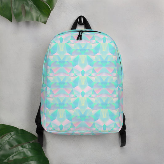 Pastel Prisms Backpack featuring a colorful geometric design in soft pastel tones, shown as a stylish school backpack with a spacious interior, durable polyester fabric, and water resistant material. This pastel backpack includes a large main compartment, a dedicated laptop pocket that fits a 15 inch laptop, padded ergonomic straps, soft mesh back, and a hidden zipper pocket, making it ideal for teens, college students, creative learners, and everyday use.