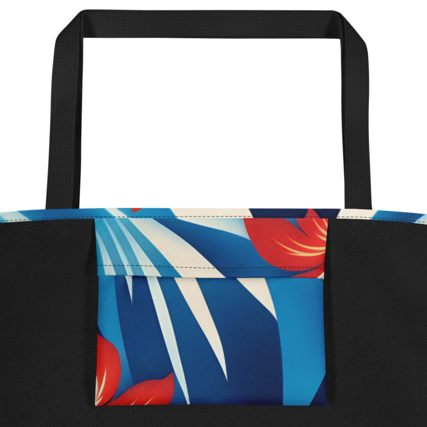 Red white and blue tropical tote bag with Hawaiian inspired print, made for summer adventures and daily errands. Large carryall design includes a spacious interior and inside pocket for organizing keys, phone, wallet, and small essentials. Durable lightweight fabric with comfortable straps makes this patriotic beach bag perfect for pool days, grocery shopping, travel, and festive holiday celebrations.