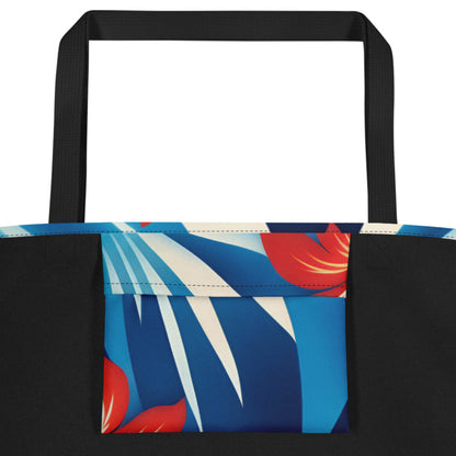 Red white and blue tropical tote bag with Hawaiian inspired print, made for summer adventures and daily errands. Large carryall design includes a spacious interior and inside pocket for organizing keys, phone, wallet, and small essentials. Durable lightweight fabric with comfortable straps makes this patriotic beach bag perfect for pool days, grocery shopping, travel, and festive holiday celebrations.