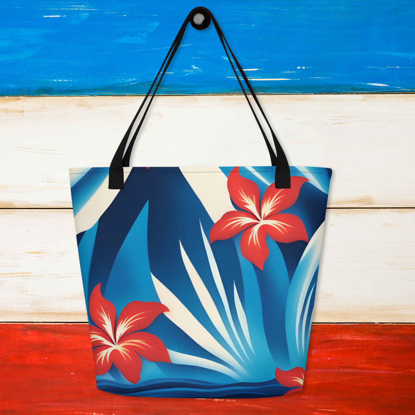 Red white and blue Hawaiian tote bag designed for cruise vacations and resort travel, featuring a bold tropical patriotic print in festive summer colors. Large roomy interior fits sunscreen, sandals, books, water bottles, snacks, and travel essentials, while the inside pocket keeps phone, keys, and cards organized. Comfortable shoulder straps make it easy to carry around the ship, pool deck, excursions, and beach stops. A stylish vacation tote for warm weather getaways.