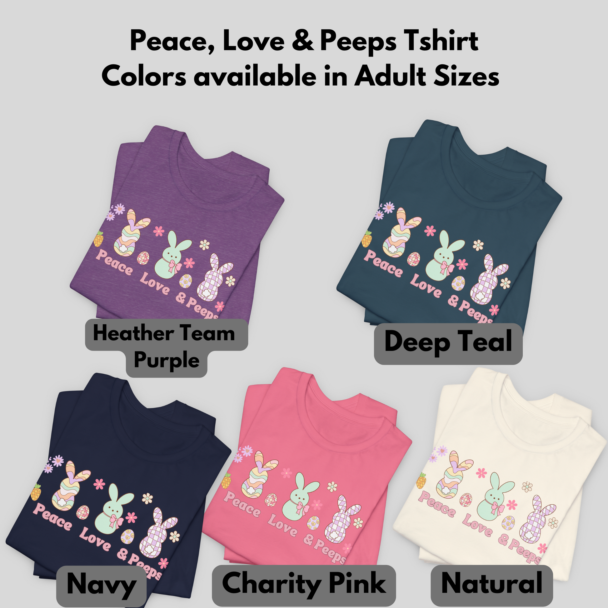Colorful Peace Love and Peeps Easter graphic tee featuring Peeps candy, Easter eggs and daisies, fun spring shirt for Mommy and Me matching outfits by JaeCrece