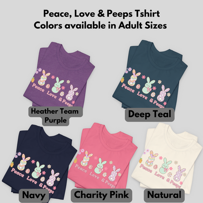 Colorful Peace Love and Peeps Easter graphic tee featuring Peeps candy, Easter eggs and daisies, fun spring shirt for Mommy and Me matching outfits by JaeCrece