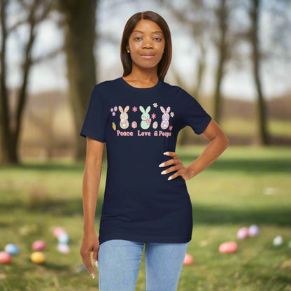 Image: Peace Love and Peeps Easter Shirt for Adults and Children. This Mommy and Me Match Easter Tee features Peeps Easter Candy with Easter Eggs and Daisies. A great Easter shirt for your family holiday celebrations, by jaecrece