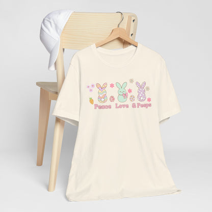 Image: Peace Love and Peeps Easter Shirt for Adults and Children. This Mommy and Me Match Easter Tee features Peeps Easter Candy with Easter Eggs and Daisies. A great Easter shirt for your family holiday celebrations, by jaecrece