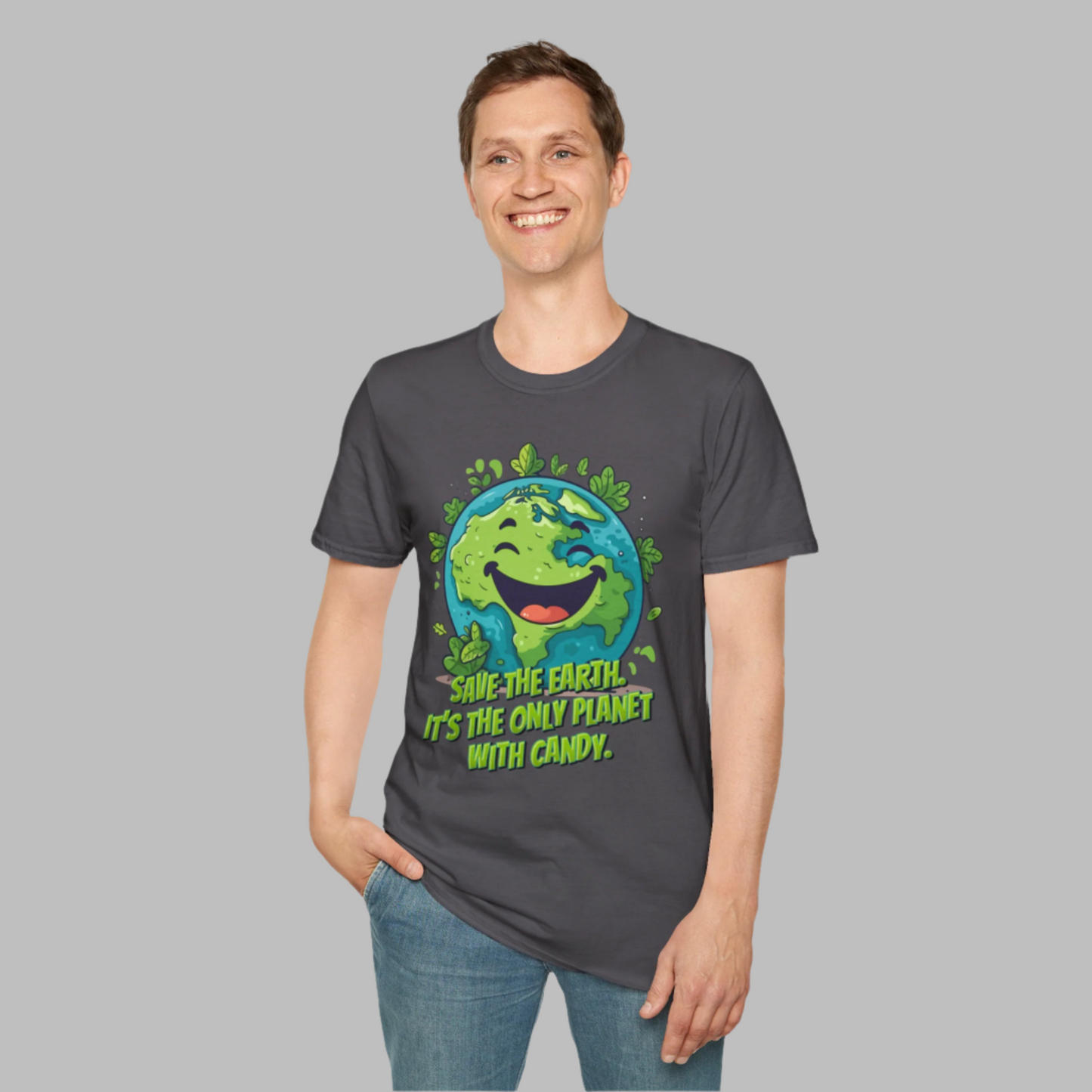 Image: Earth Day tee adult unisex crewneck shirt with large cartoon smiling planet earth, with water and leaves. Text reads Save the Earth! Its the only planet with candy! Makes a great gift and reminder to save our planet, by jaecrece