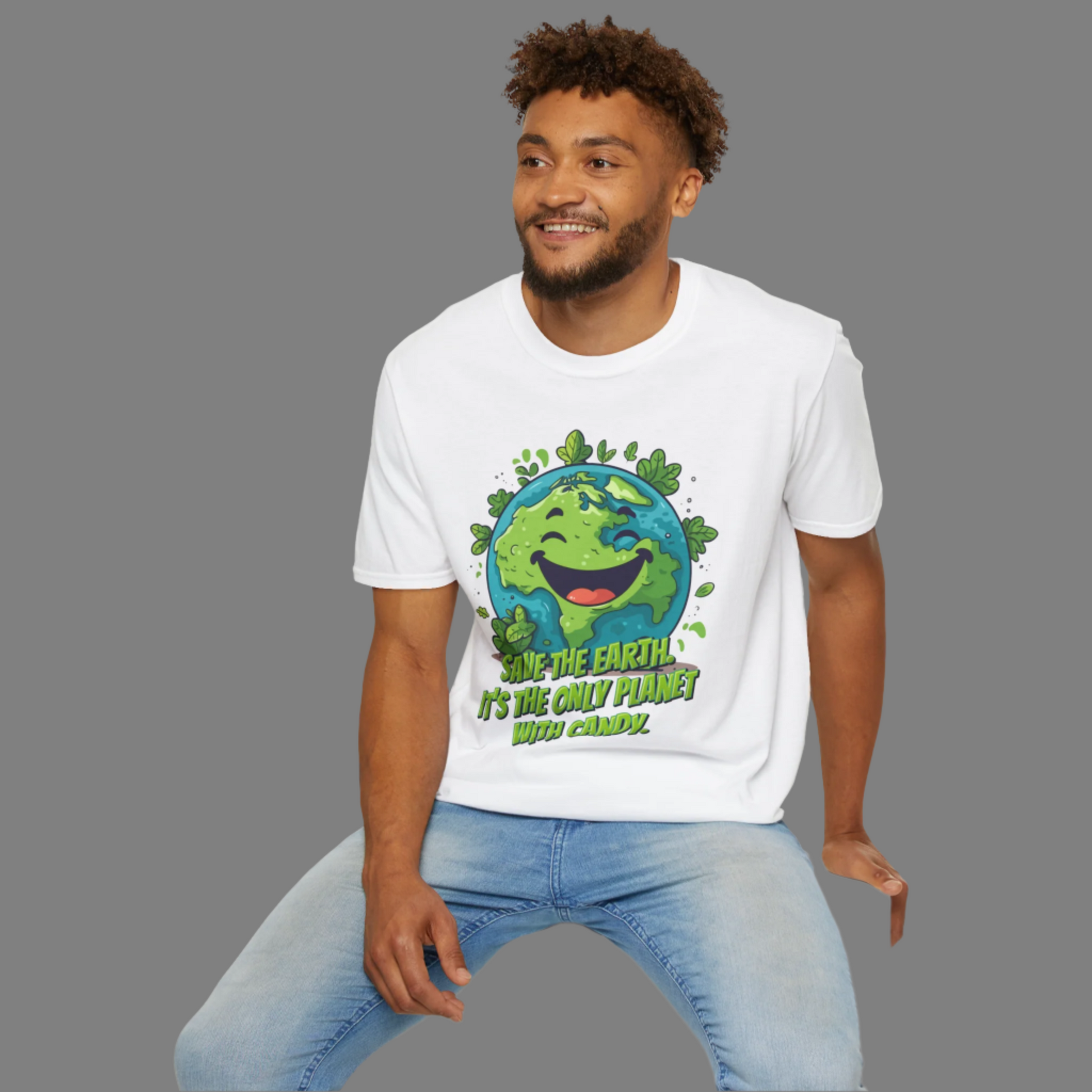 Image: Earth Day tee adult unisex crewneck shirt with large cartoon smiling planet earth, with water and leaves. Text reads Save the Earth! Its the only planet with candy! Makes a great gift and reminder to save our planet, by jaecrece