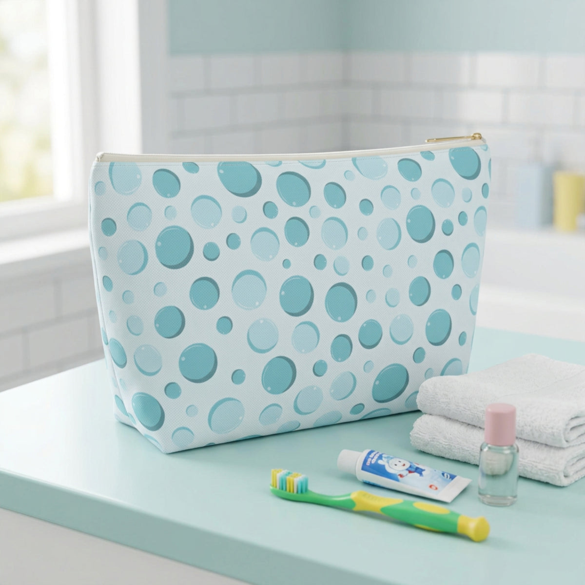 Back view of a personalized aqua bubble print kids toiletry pouch featuring a playful pattern of colorful bubbles on a light blue background. The small zippered pouch has a white zipper and gold zipper pull, making it a fun travel accessory for kids, tweens, and teens to organize toiletries for sleepovers, summer camp, school trips, and family vacations.