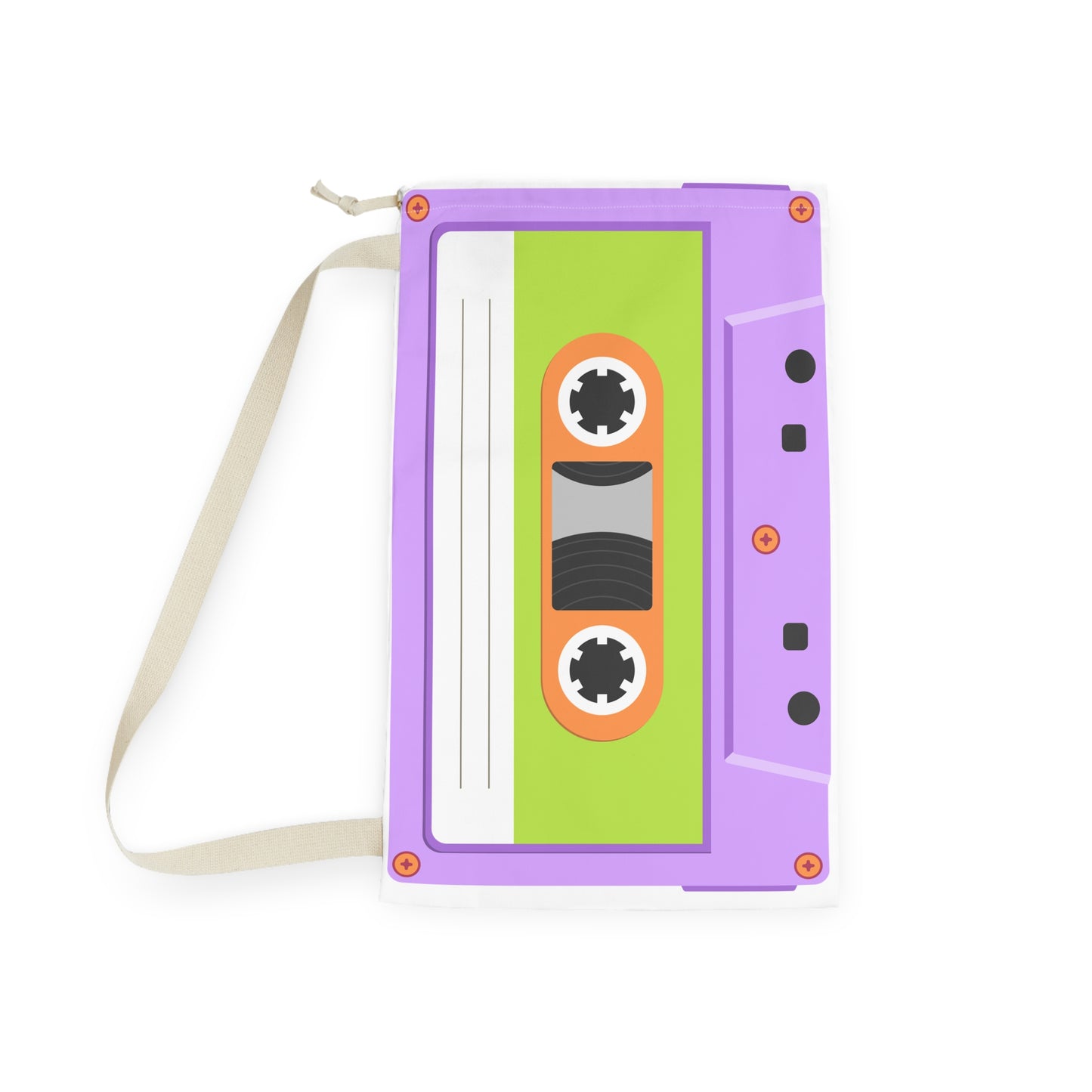Large custom laundry bag featuring an all over cassette tape design in shades of purple, pink, turquoise, and blue. Personalized text is incorporated into the design, creating a unique storage solution for everyday use. Drawstring closure helps keep contents secure while the shoulder strap allows comfortable transport. Suitable for dorm rooms, kids bedrooms, camps, apartments, and laundry room organization.