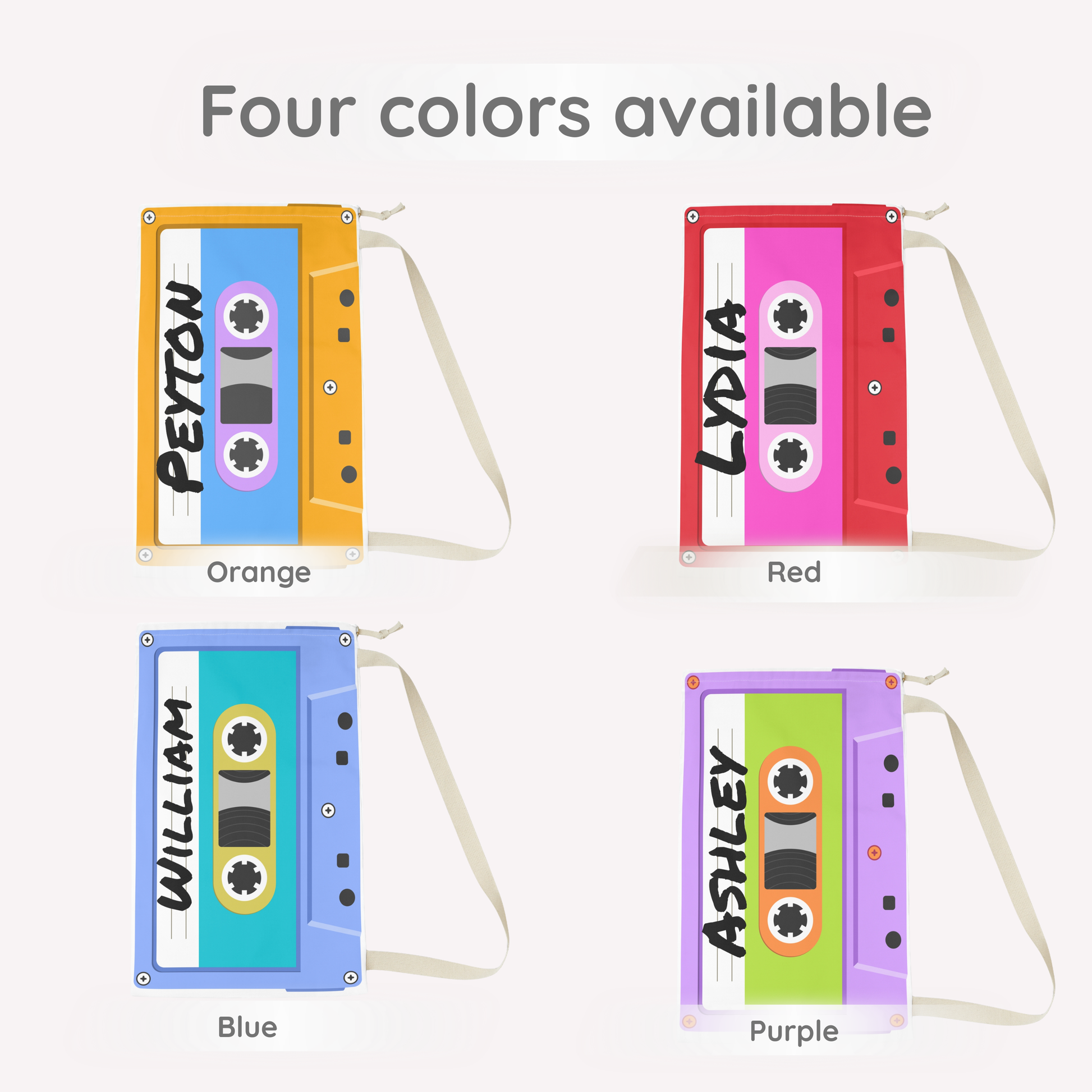 Purple, orange, red and blue personalized laundry bag showcasing an all over cassette tape print with bright colorful details. Custom text adds a personal touch, making it easy to identify in shared spaces such as dormitories, camps, or family households. The bag includes a woven shoulder strap and secure drawstring closure for convenient carrying and storage. Spacious interior provides plenty of room for clothing, blankets, towels, and other laundry essentials.