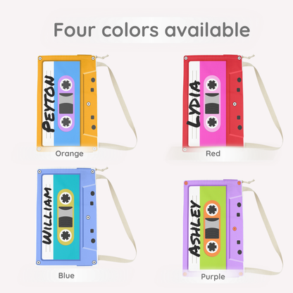 Purple, orange, red and blue personalized laundry bag showcasing an all over cassette tape print with bright colorful details. Custom text adds a personal touch, making it easy to identify in shared spaces such as dormitories, camps, or family households. The bag includes a woven shoulder strap and secure drawstring closure for convenient carrying and storage. Spacious interior provides plenty of room for clothing, blankets, towels, and other laundry essentials.