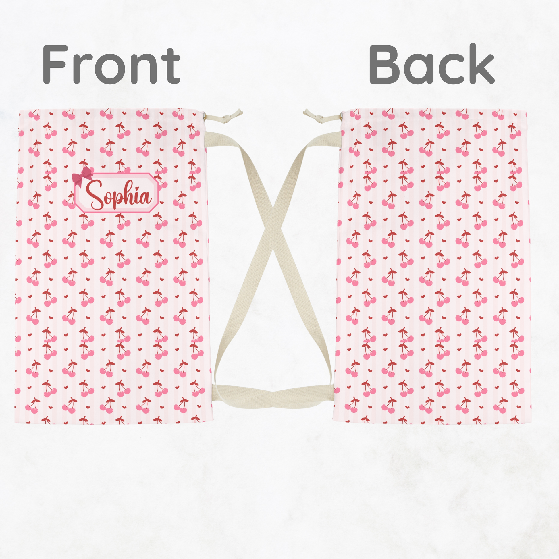Custom coquette cherry laundry bag featuring a playful all over cherry design and personalized name detail. The large drawstring sack provides plenty of room for clothing, blankets, and linens, making it an ideal companion for dorm rooms, sleepovers, camp adventures, and weekend travel. Designed to combine style and function, this personalized laundry bag coordinates beautifully with matching travel accessories and makes a memorable gift for birthdays, graduations, and back to school.