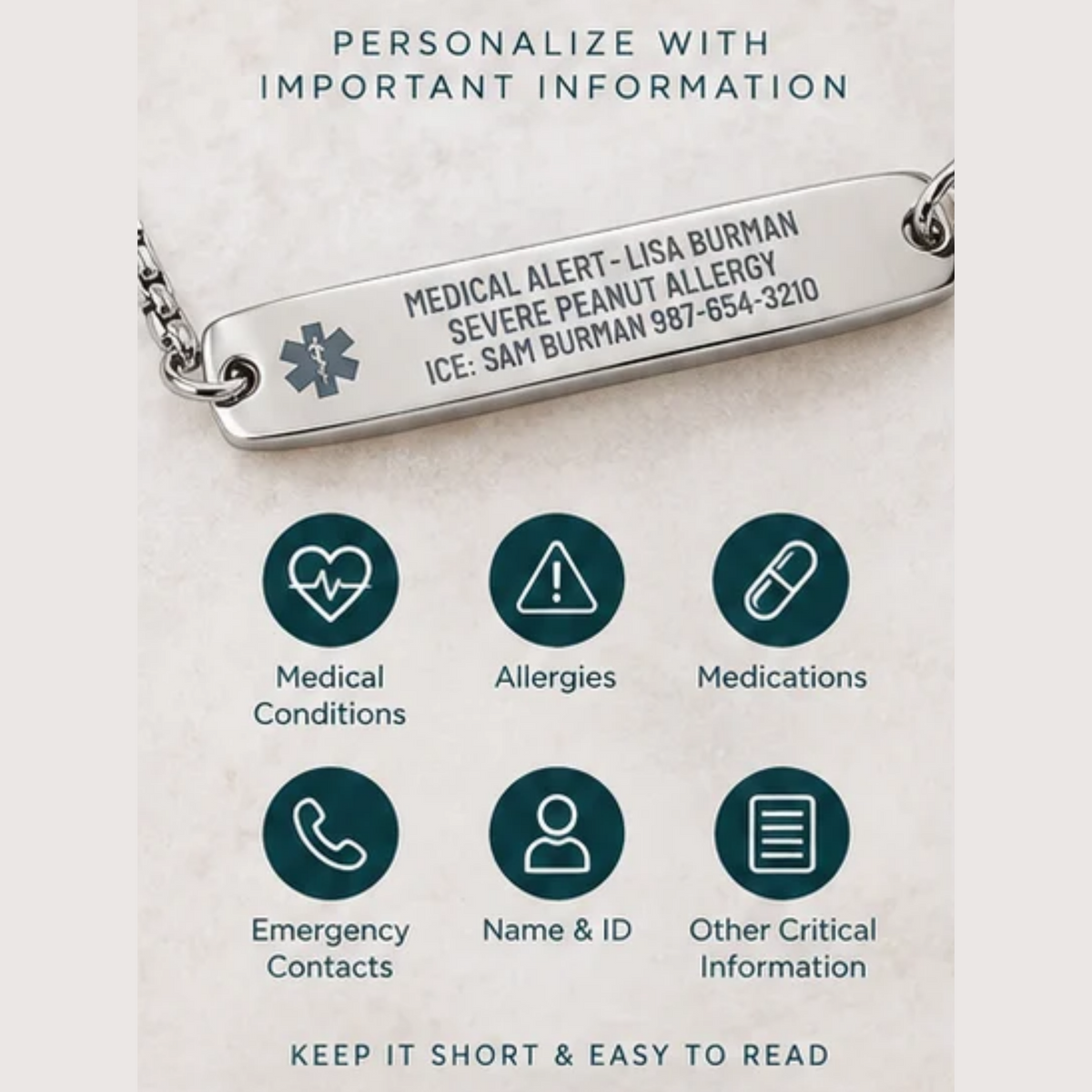 A personalized stainless steel medical alert ID necklace shown on a light textured background with explanatory text and icons. The engraved bar includes a medical alert symbol and sample personalization details.