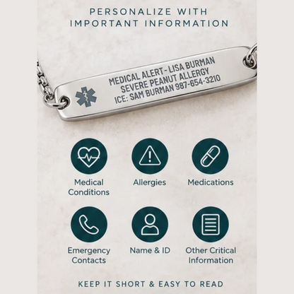 A personalized stainless steel medical alert ID necklace shown on a light textured background with explanatory text and icons. The engraved bar includes a medical alert symbol and sample personalization details.