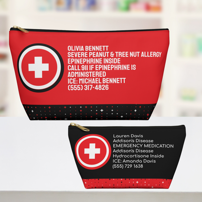 Personalized medical alert emergency pouch in black and red featuring a bold medical cross with custom name, medical condition, emergency medication, caregiver contact, and phone number. Durable zippered organizer for EpiPen, rescue inhaler, glucagon, insulin supplies, seizure medication, emergency information, and medical essentials. Perfect for school, daycare, summer camp, sports, travel, backpacks, diaper bags, purses, and family emergency preparedness.