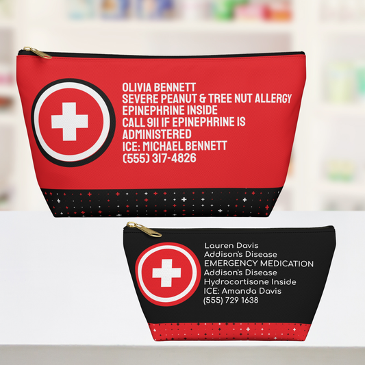 Personalized medical alert emergency pouch in black and red featuring a bold medical cross with custom name, medical condition, emergency medication, caregiver contact, and phone number. Durable zippered organizer for EpiPen, rescue inhaler, glucagon, insulin supplies, seizure medication, emergency information, and medical essentials. Perfect for school, daycare, summer camp, sports, travel, backpacks, diaper bags, purses, and family emergency preparedness.