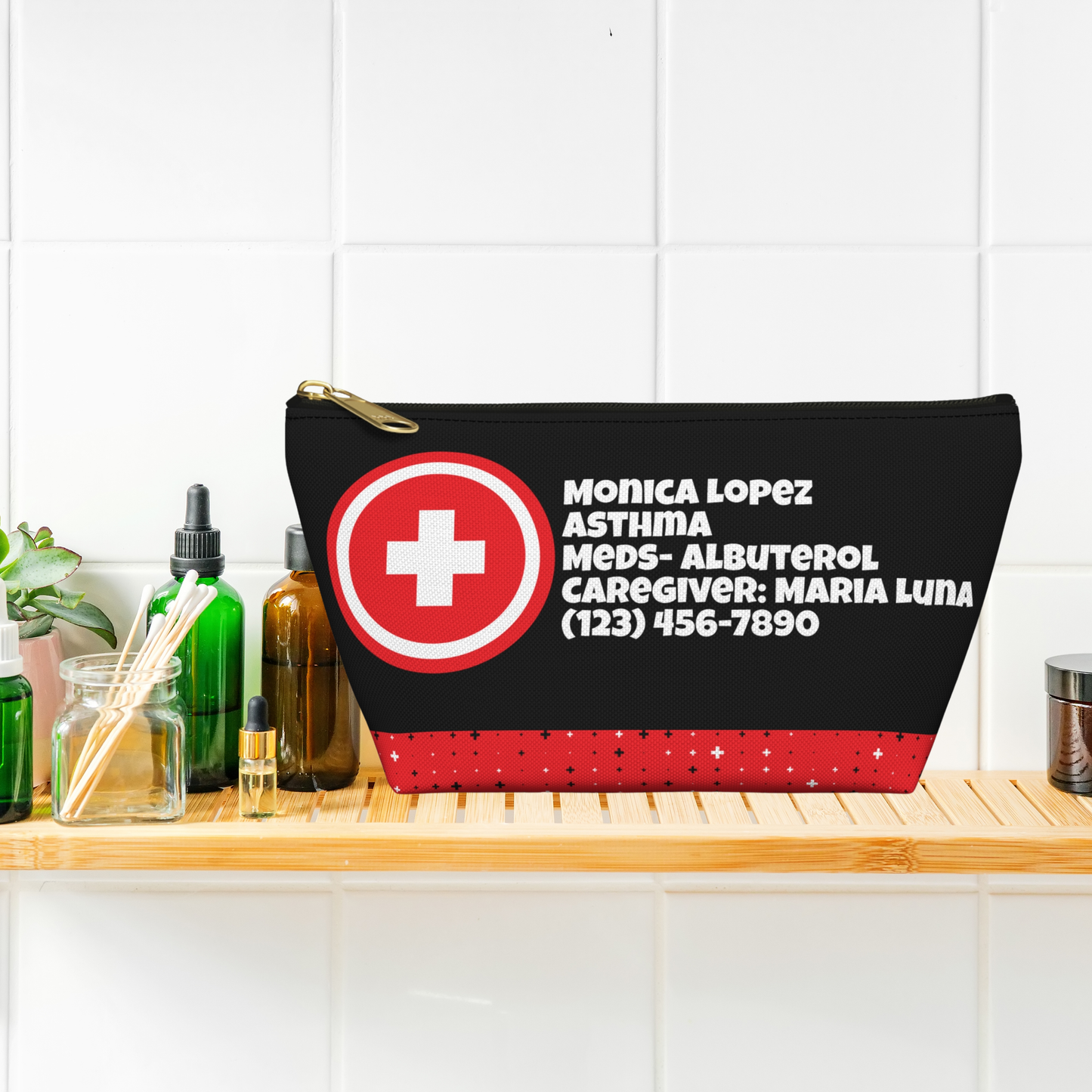 Red and black personalized emergency medication organizer designed to keep important medical supplies together and easy to identify. Customize with a name, caregiver information, emergency medication, and medical condition. Great for food allergies, diabetes, asthma, epilepsy, bee sting allergies, rescue medications, first aid supplies, vitamins, supplements, and everyday health essentials.