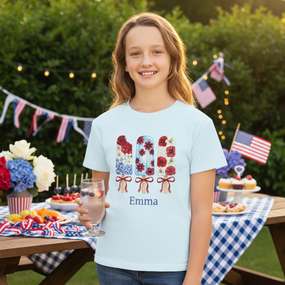 Personalized girls patriotic floral popsicle T shirt featuring the name Emma, worn at a festive outdoor summer party. Cute red white and blue floral design makes this a fun Fourth of July, Memorial Day or Labor Day outfit.