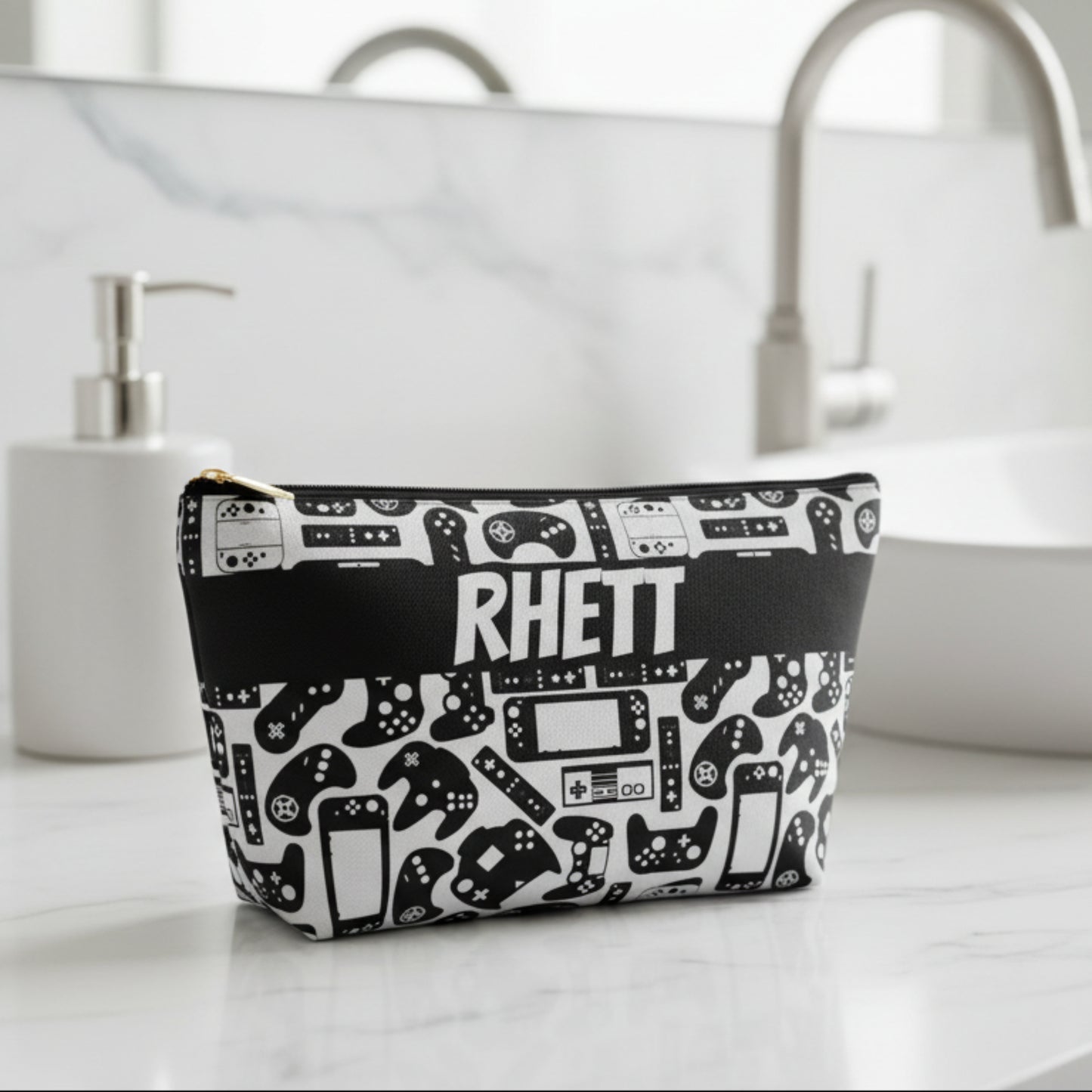 Black and White zipper Pouch with gaming controller pattern and 'RHETT' personaliztion