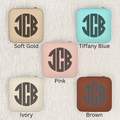 Collection of monogram travel jewelry cases in multiple colors, compact jewelry organizers for rings earrings necklaces and accessories