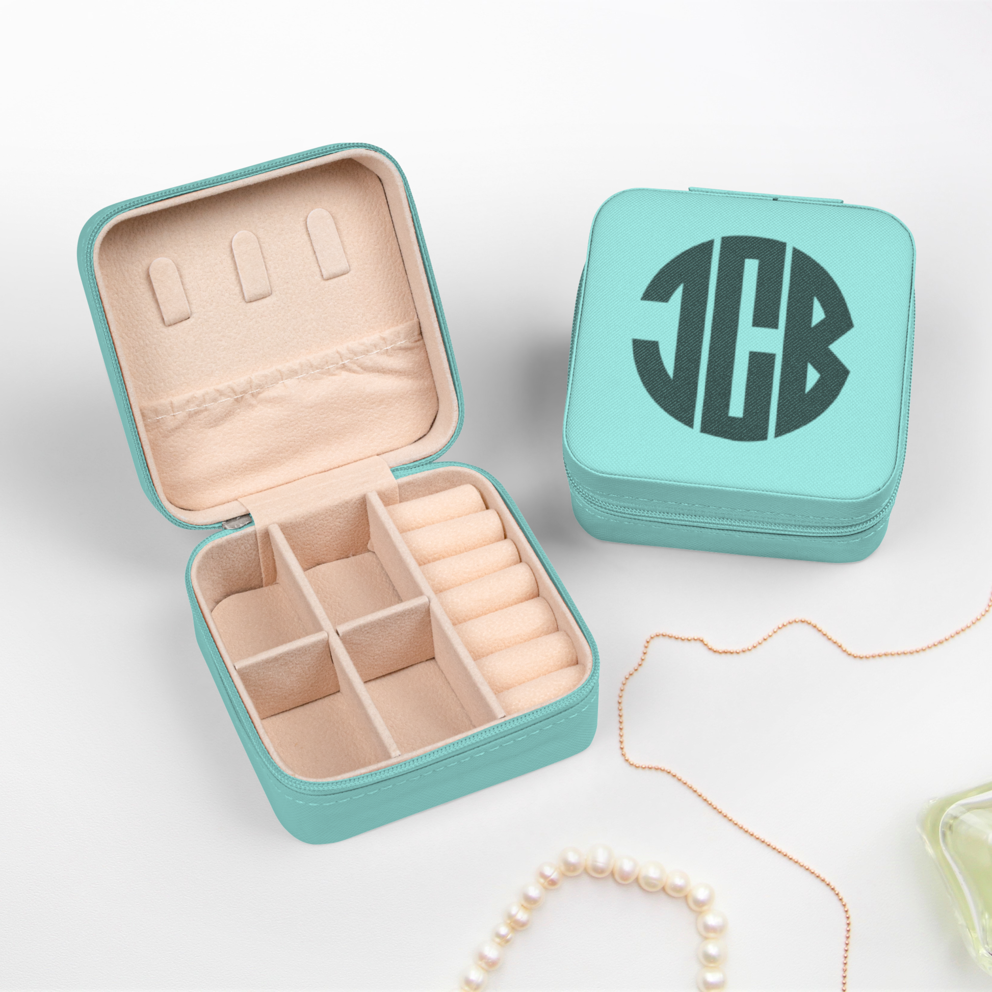 Personalized travel jewelry box with custom monogram, compact jewelry organizer for rings earrings necklaces and small accessories, available in cream brown pink Tiffany blue and soft gold