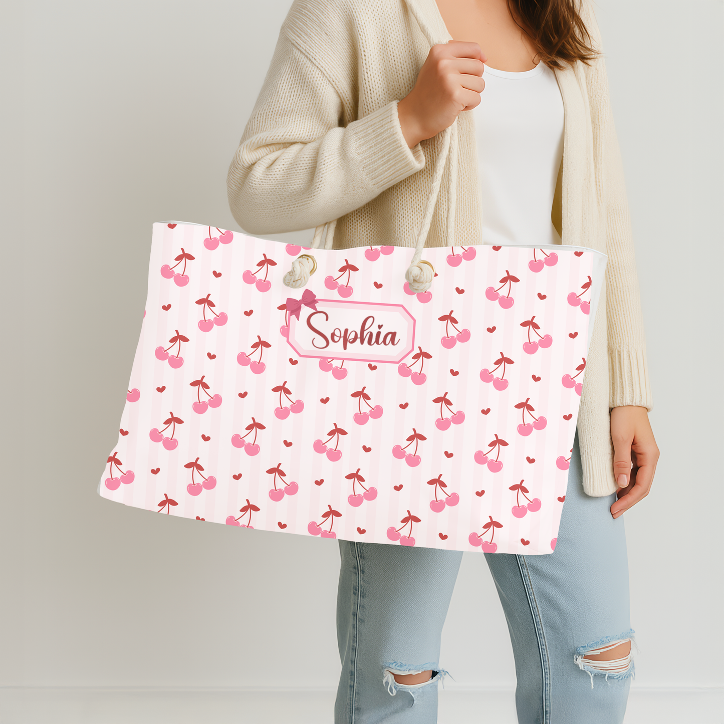 Personalized coquette cherry weekender bag featuring a charming cherry print and custom name personalization. This oversized travel tote is designed for weekend getaways, girls trips, beach vacations, and everyday adventures. Spacious enough for clothing, shoes, toiletries, and essentials, it works beautifully as a carry on bag, overnight bag, hospital bag, or dance competition tote. A thoughtful personalized gift for birthdays, graduations, bridesmaids, and travelers who love the coquette and cherry aesthe