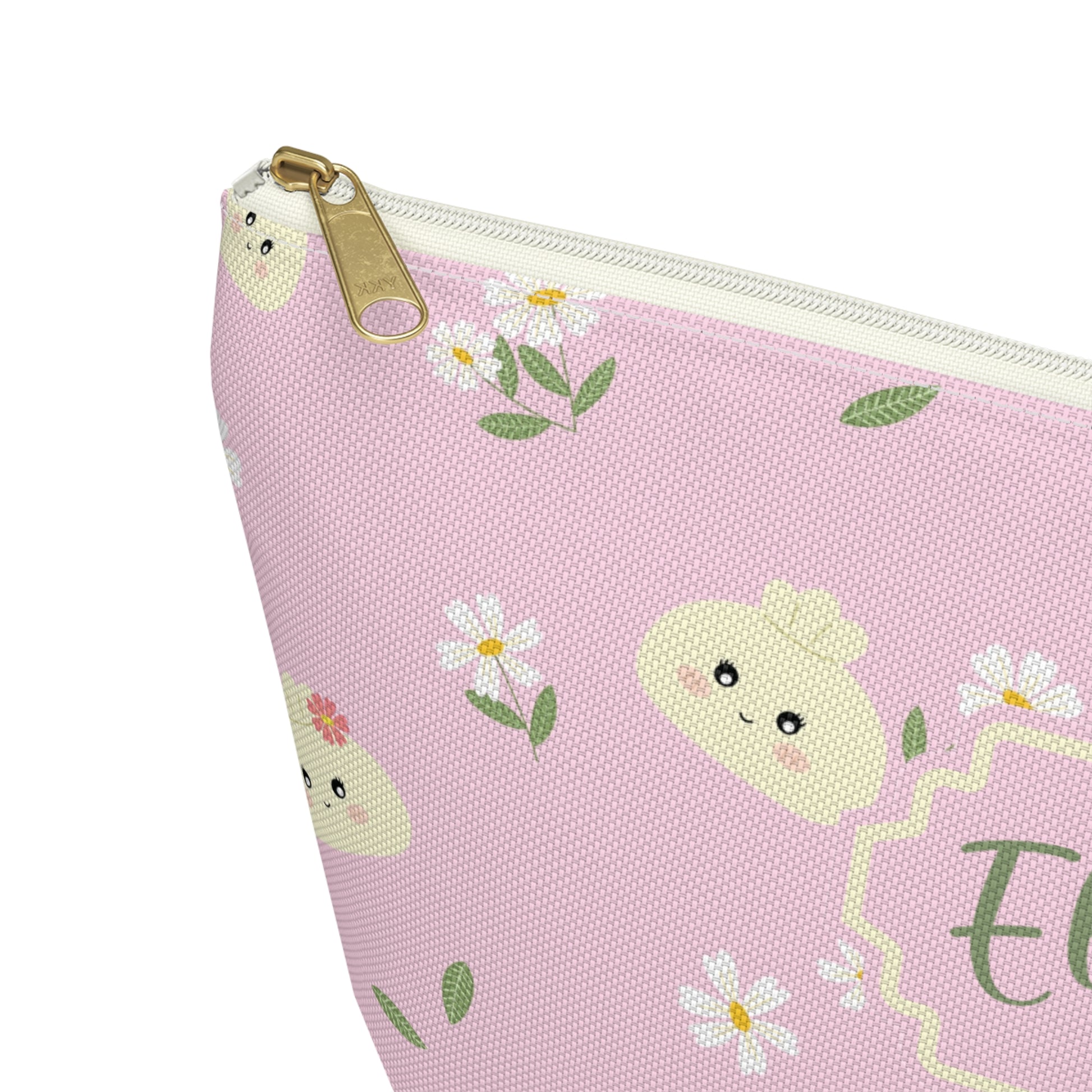 Personalized dumpling makeup bag featuring adorable smiling dumpling characters, delicate daisies, and green leaves on a soft pastel background. The pouch is personalized with a name in elegant Ballerina script using deep sage green lettering. A cute accessory for cosmetics, toiletries, travel essentials, school supplies, sanitary products, or small everyday items.