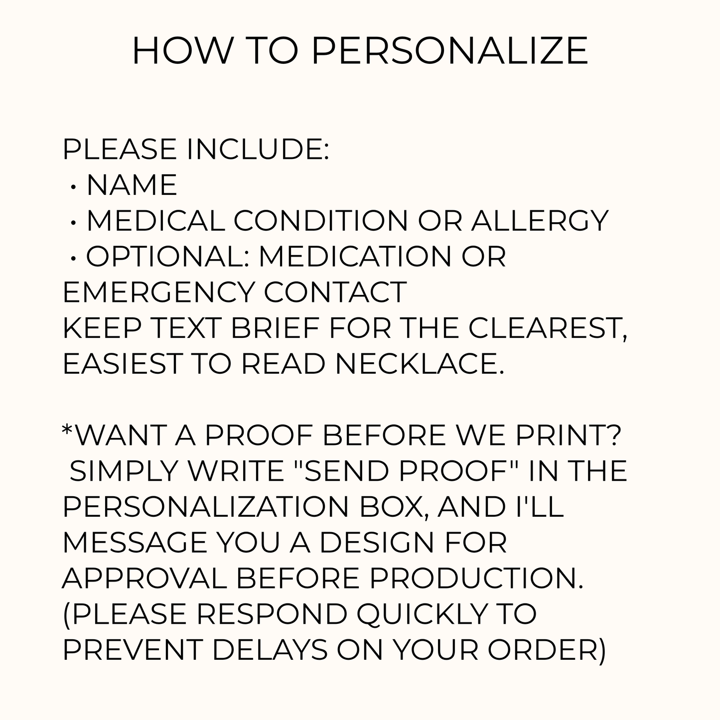 Personalized medical ID necklace showing customization options including name, allergy, medical condition, medication, and optional ICE emergency contact. Custom medical alert necklace made to order with proof available upon request.