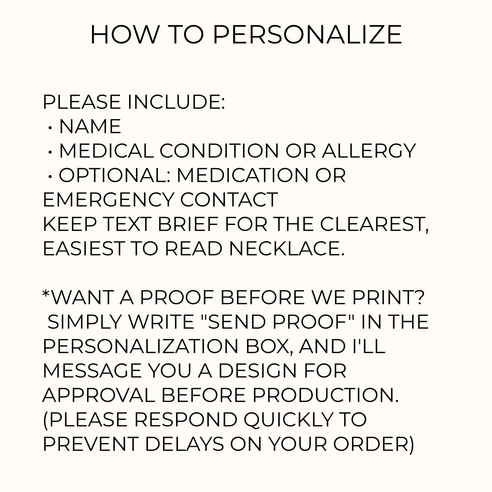 Personalized medical ID necklace showing customization options including name, allergy, medical condition, medication, and optional ICE emergency contact. Custom medical alert necklace made to order with proof available upon request.