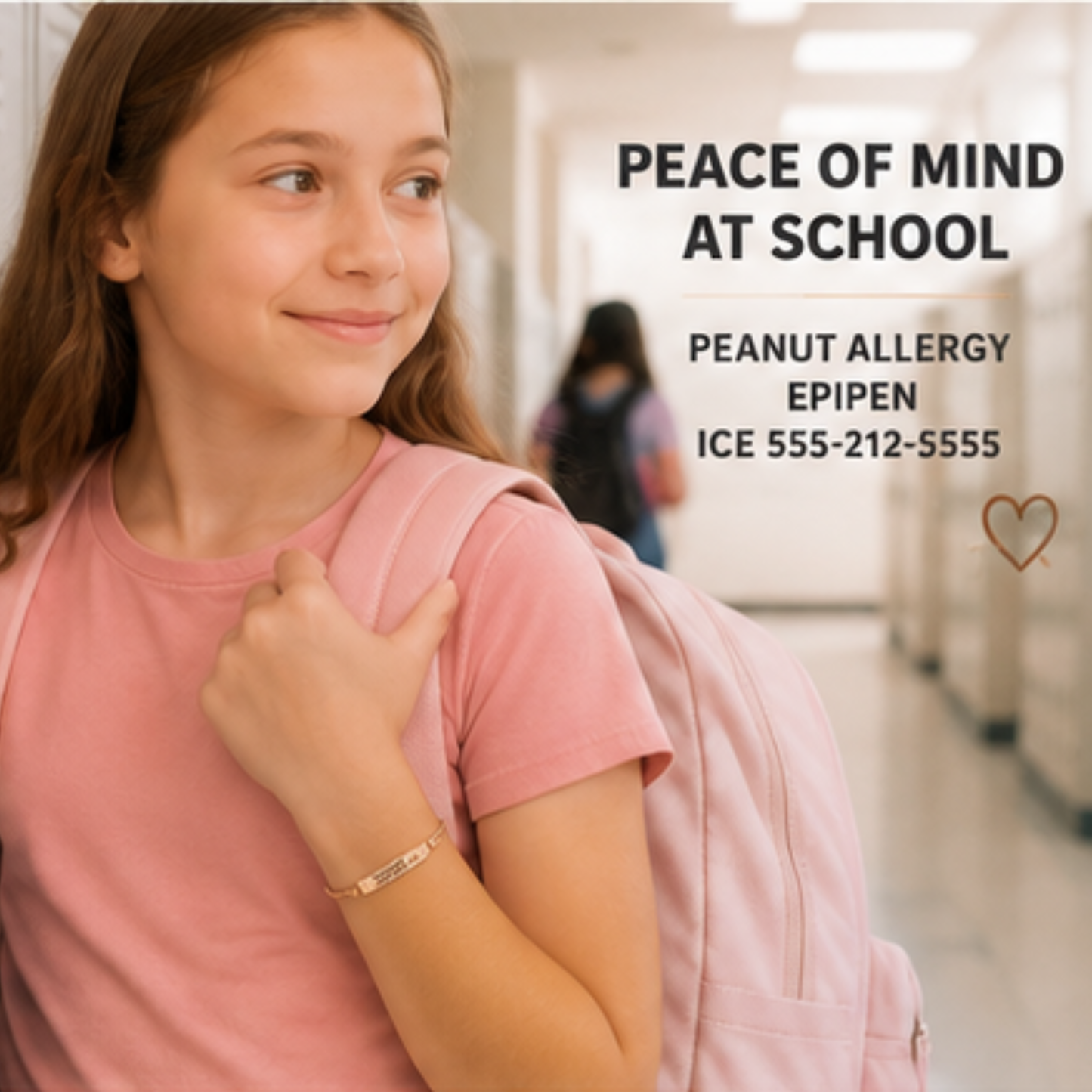 Tween girl wearing a personalized gold medical alert bracelet at school with an engraved name, peanut allergy information, Epipen reminder, and emergency contact. Adjustable medical ID bracelet for everyday safety.