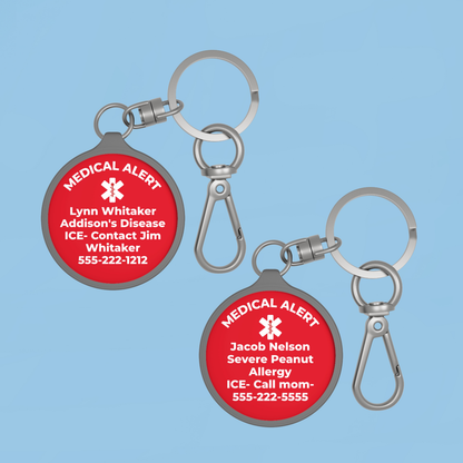 Personalized medical alert keychain with custom medical ID tag for sharing important emergency information. Designed for kids and adults with allergies diabetes epilepsy asthma and other health conditions.