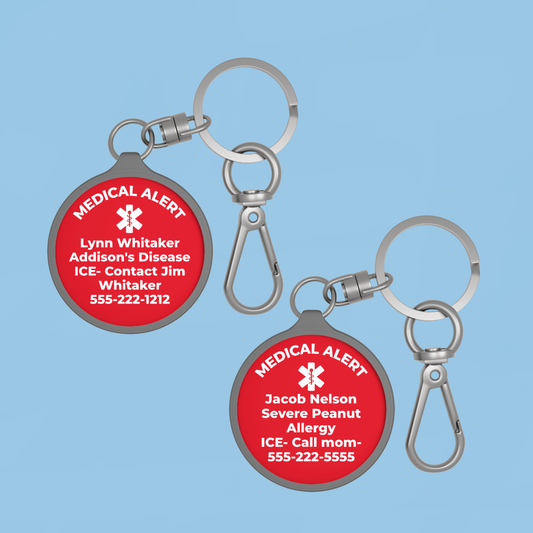 Personalized medical alert keychain with custom medical ID tag for sharing important emergency information. Designed for kids and adults with allergies diabetes epilepsy asthma and other health conditions.