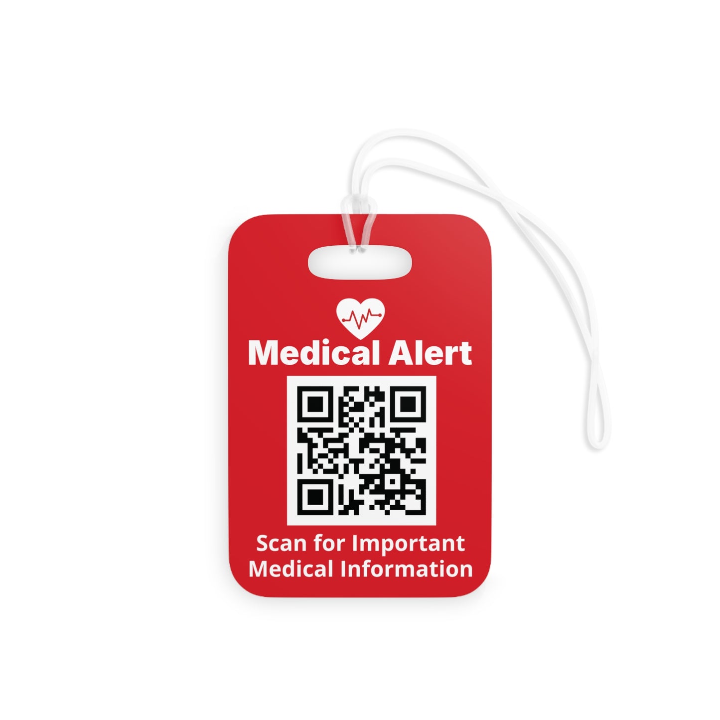 Personalized medical alert luggage tag made to order by a small Texas business. Custom emergency ID tag with double sided printing, QR code option, and medical information personalization designed to help families feel prepared.