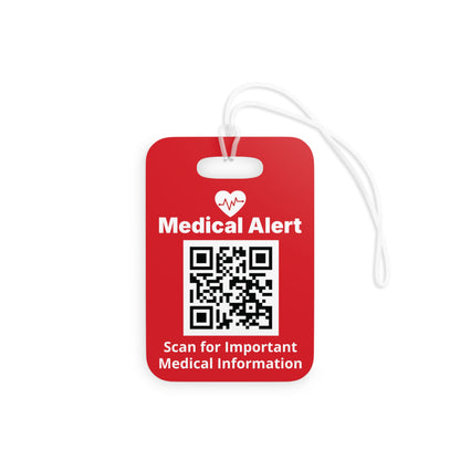 Personalized medical alert luggage tag made to order by a small Texas business. Custom emergency ID tag with double sided printing, QR code option, and medical information personalization designed to help families feel prepared.