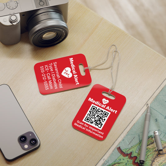 Personalized medical alert luggage tag with QR code featuring custom name, medical condition, important information, and emergency contact. Bright red emergency ID bag tag designed for travel, school, sports, backpacks, medication bags, and everyday medical identification.
