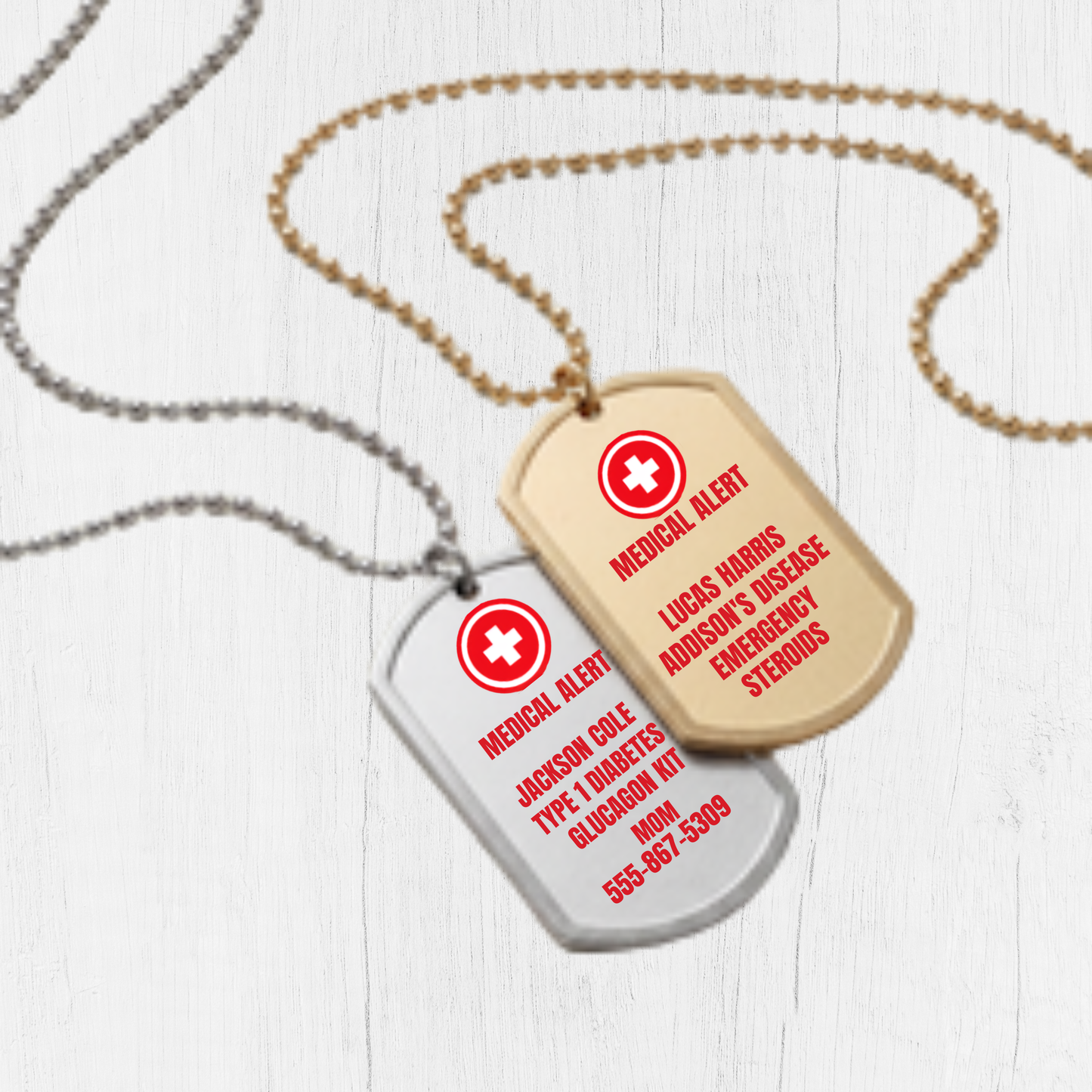 Personalized medical alert necklace with custom medical ID information printed on a stainless steel dog tag. Emergency ID necklace available in silver or gold for children, teens, women, and men with allergies, diabetes, epilepsy, asthma, and other medical conditions.